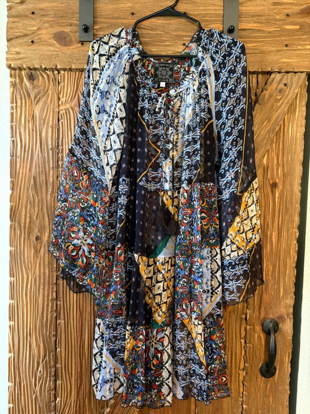 Johnny Was patchwork silk floral tiered dress, bell sleeves, tassels, Large